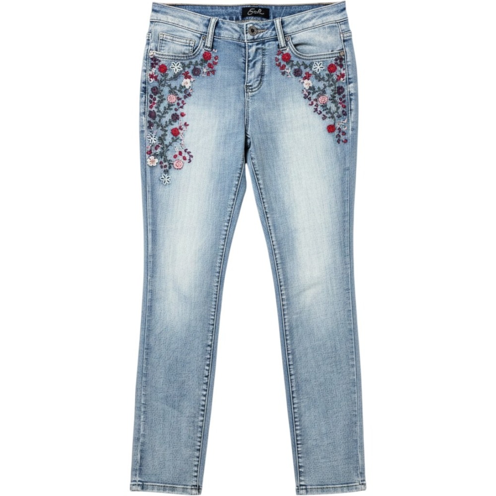Earl Jean Skinny Jeans 6 Light Blue Floral Embroidered Stretch Denim Boho